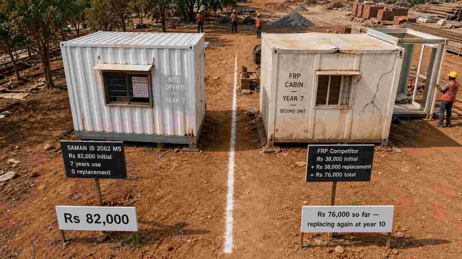 low cost porta cabin IS 2062 MS vs FRP India 10 year cost comparison SAMAN entry level