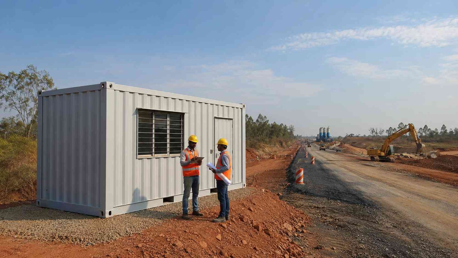 ISO container construction site office on highway project, two engineers with tablet and drawings, excavator and batching plant in background