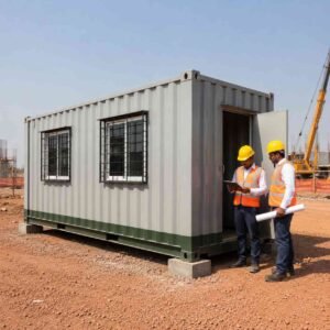 Portable construction site office cabin with MS safety grill windows installed at an Indian project site