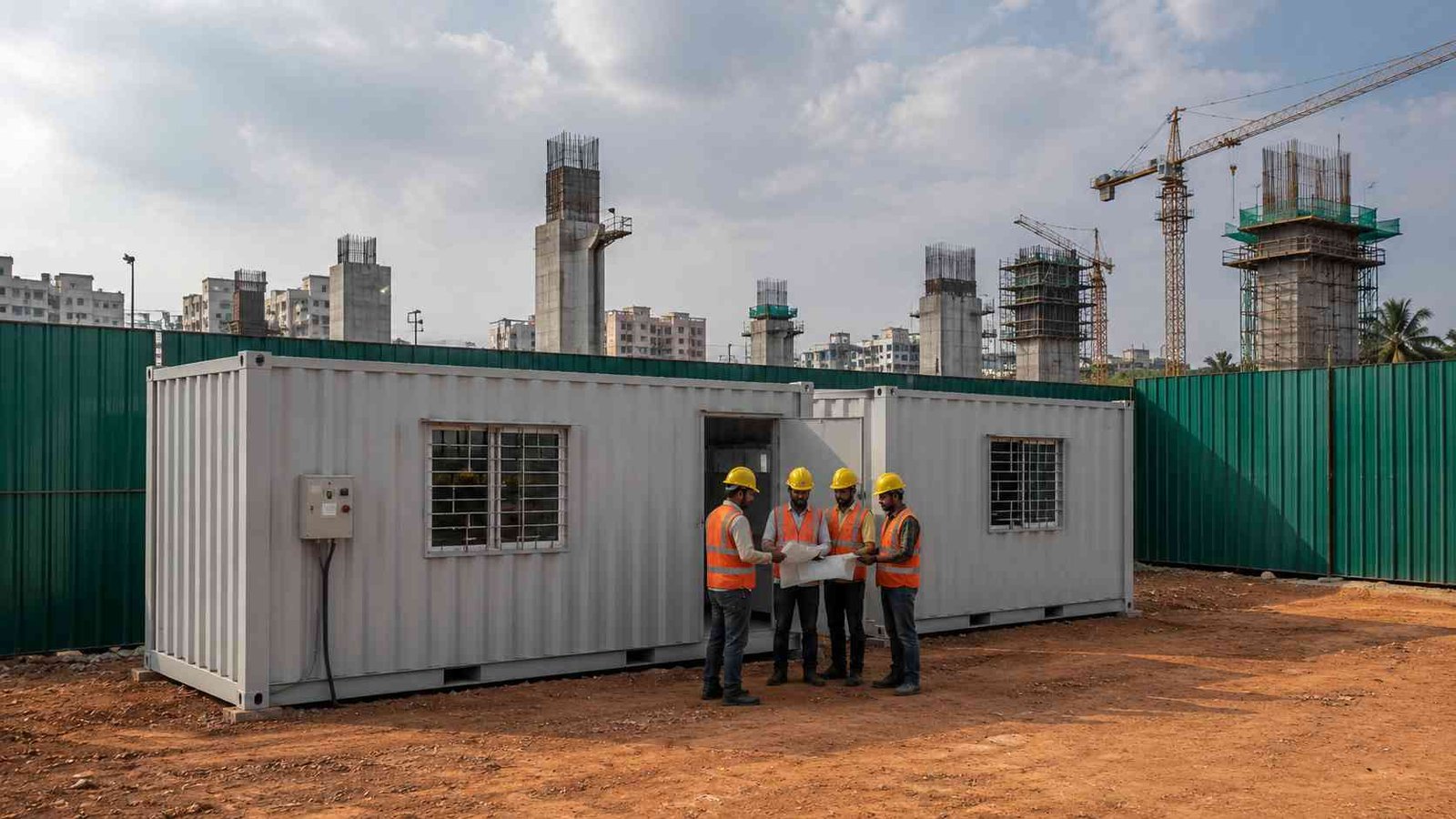 Four engineers reviewing blueprints outside a 40-ft construction site office container inside a green site compound, tower cranes behind