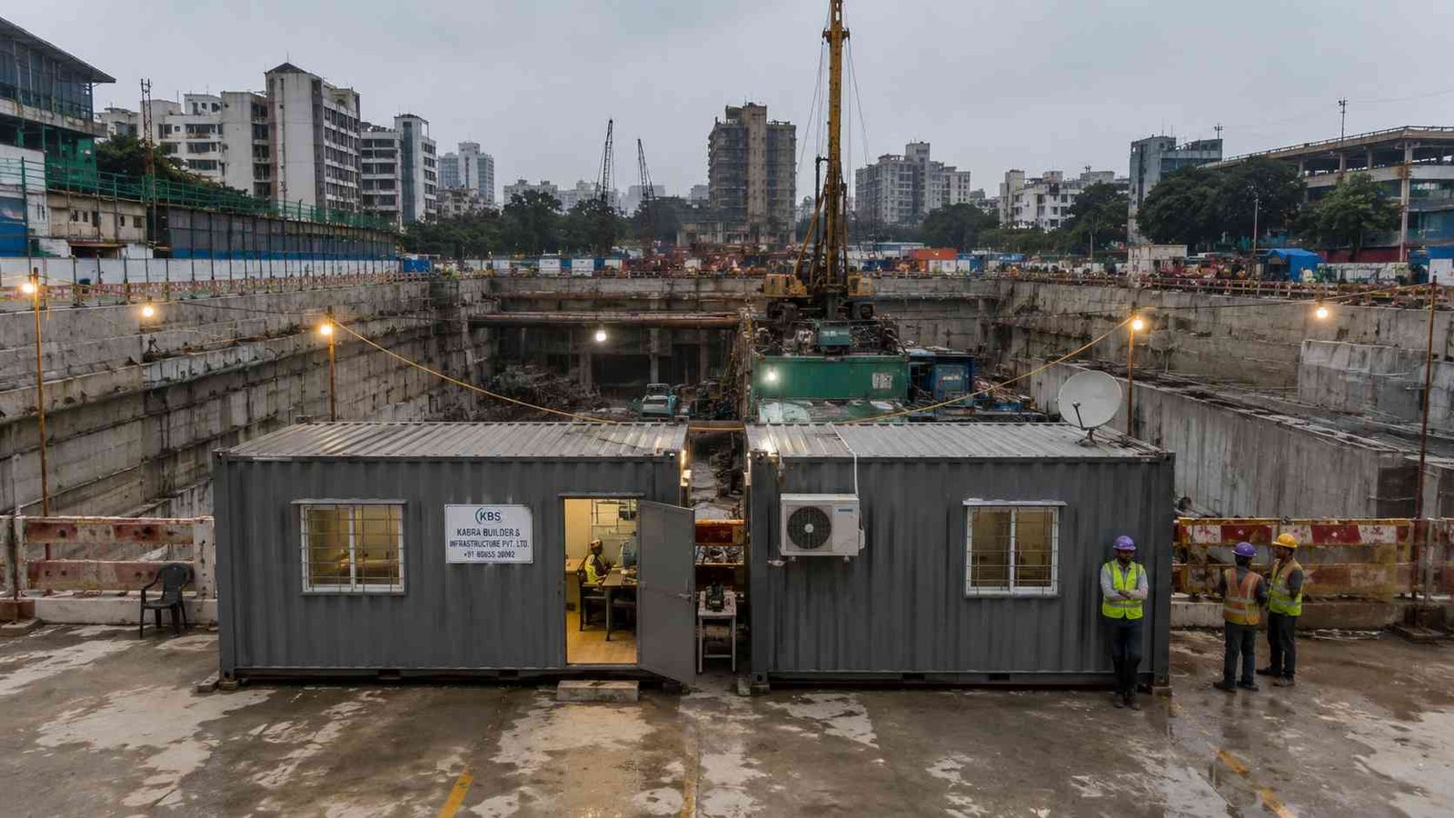 Two container office cabins at Indian metro station shaft construction site — diaphragm walls, piling rig, site engineers, urban construction