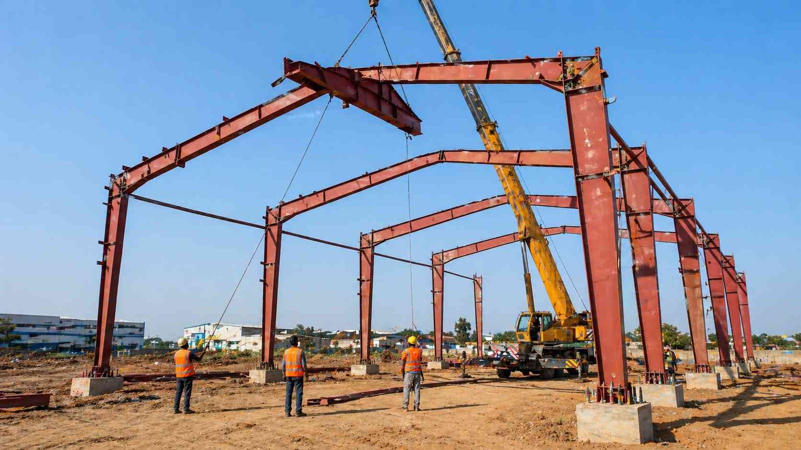 industrial shed steel frame erection site India SAMAN installation portal frames