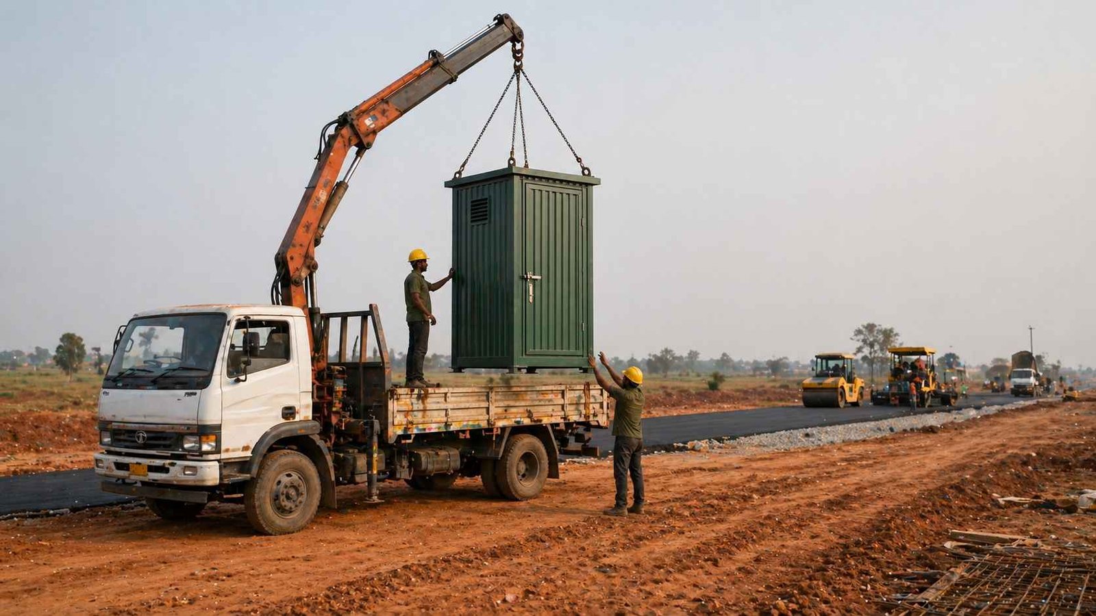 portable toilet delivery installation India highway site crane truck 1 day