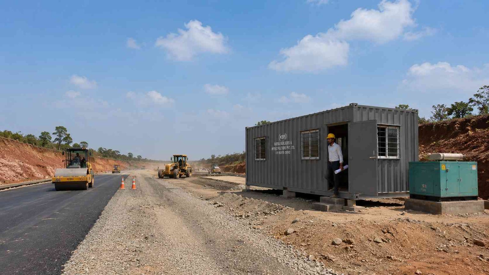 Container office cabin at Indian national highway construction site — project site manager, road roller, highway sub-base, blue sky