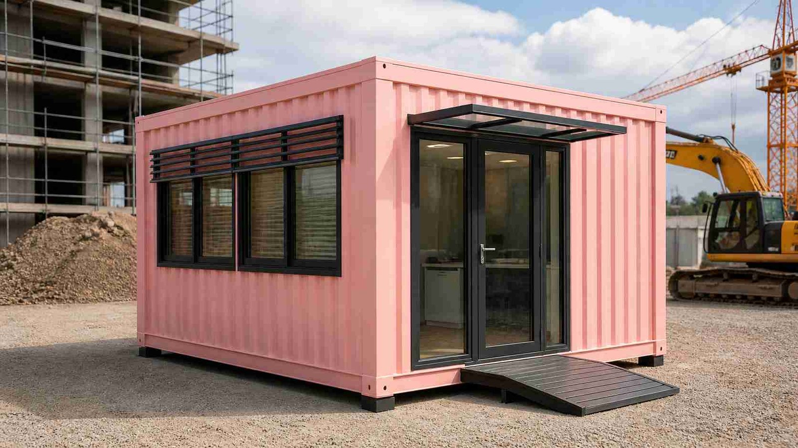 MS portable cabin at an active construction site — mild steel welded frame structure with crane and excavation equipment, SAMAN Bangalore