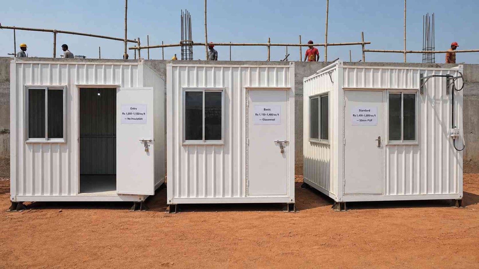 low cost porta cabin three specification tiers entry basic standard IS 2062 frame India SAMAN