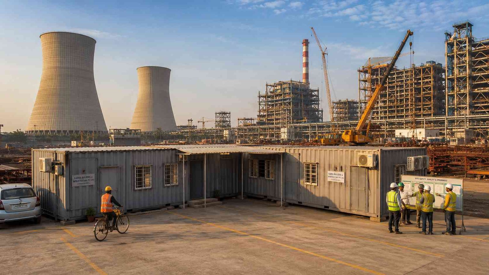 Three container office cabins in L-shaped cluster at Indian thermal power plant construction site — cooling towers, covered walkway, site engineers
