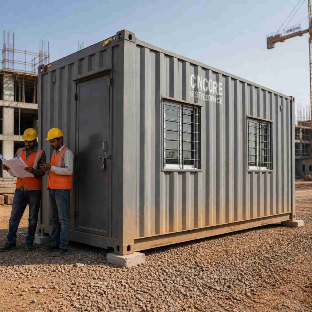 SAMAN 20-ft container office cabin exterior — corrugated Corten steel, aluminium windows with MS grills, Indian construction site