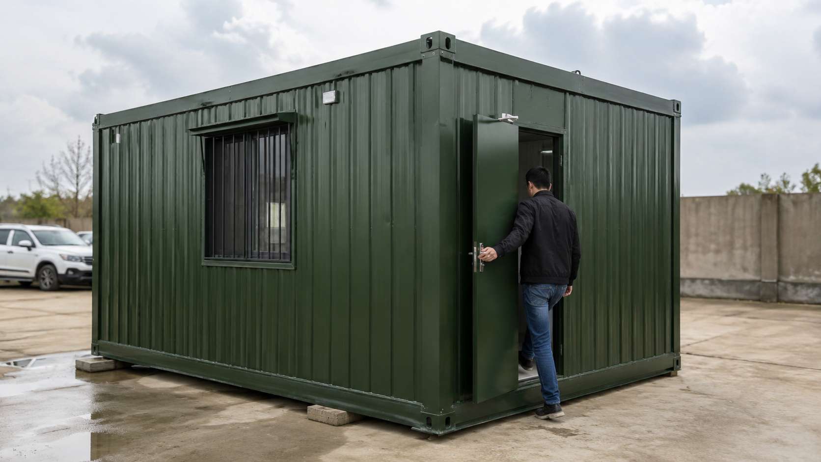 Green container building used as a site office in a commercial compound with a person at the door.