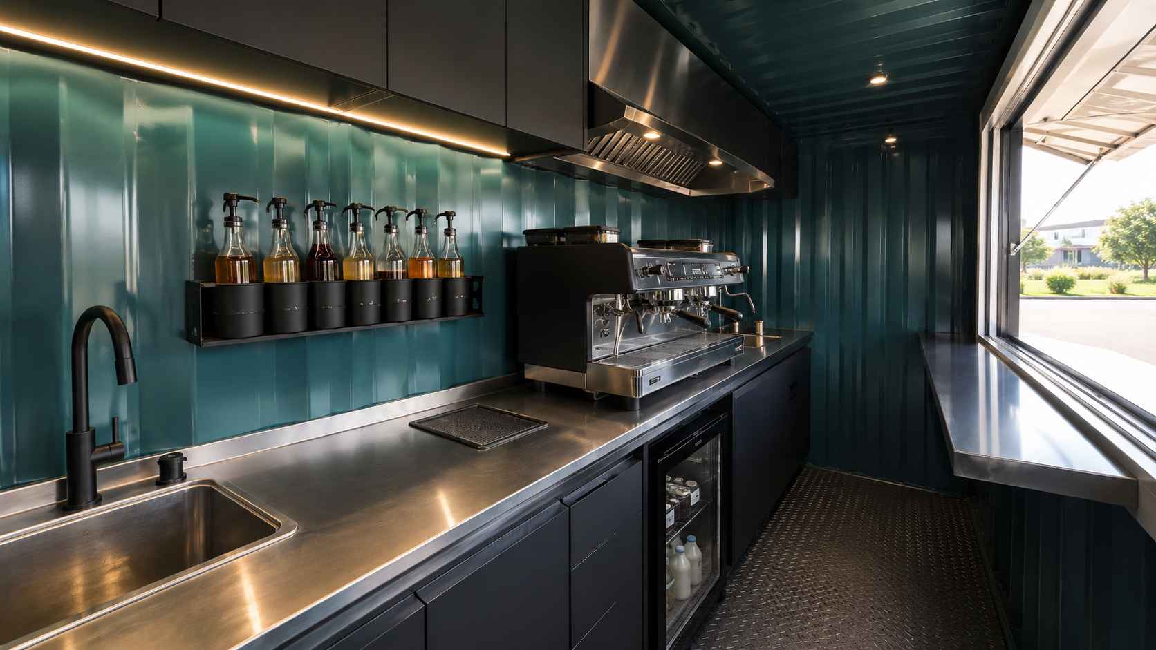 Espresso bar interior of a SAMAN container coffee shop — stainless counter, grinder pad, milk fridge cutout, exhaust micro-hood.