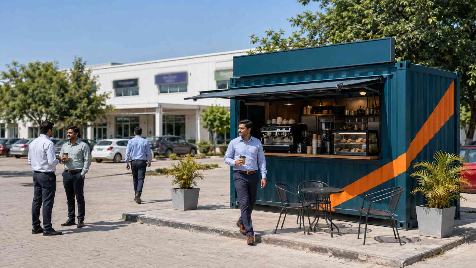 Container coffee shop operating at an SME office compound in Greater Noida — employees at the window, outdoor seating alongside.