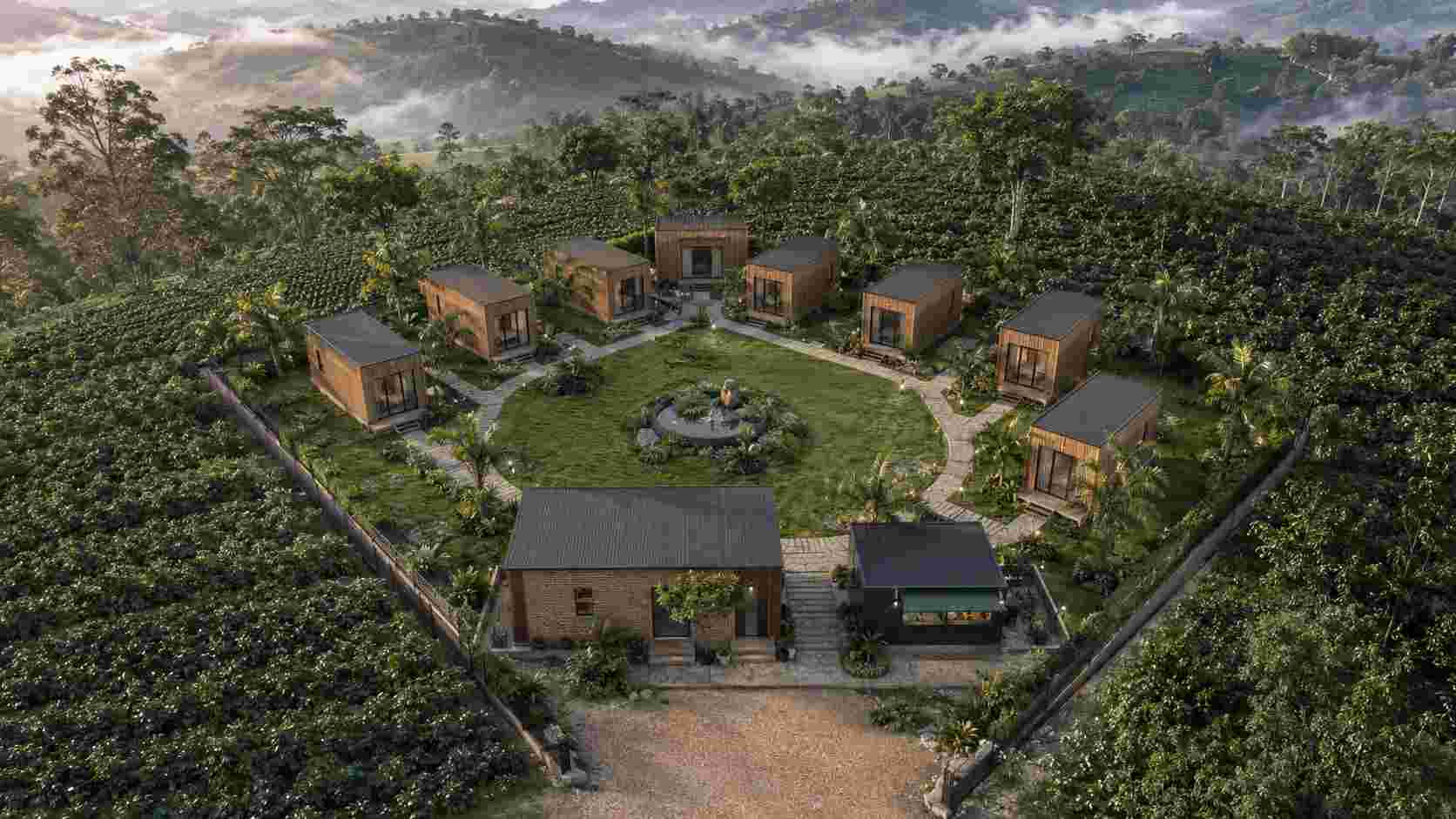  Aerial view of a 10-key boutique container hotel project layout — 10 wood-batten cottage modules in U-shape around a landscaped central lawn, with reception and F&B counter