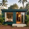 Boutique container hotel cottage with matte teal painted GI exterior, sliding glass entry door, on a Goa-interior tropical landscape