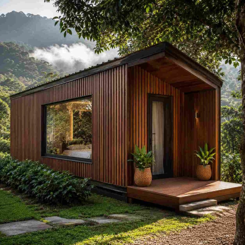 Boutique container hotel cottage with wood-batten exterior cladding and pitched timber overhang, on a Coorg-style coffee-estate landscape