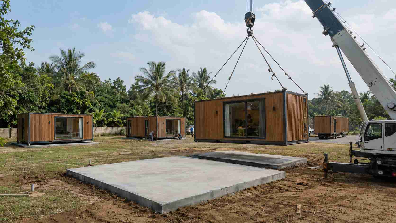 Mobile crane placing a wood-batten container hotel module onto a prepared RCC pad on a boutique hospitality plot, with two cottages already placed in the background