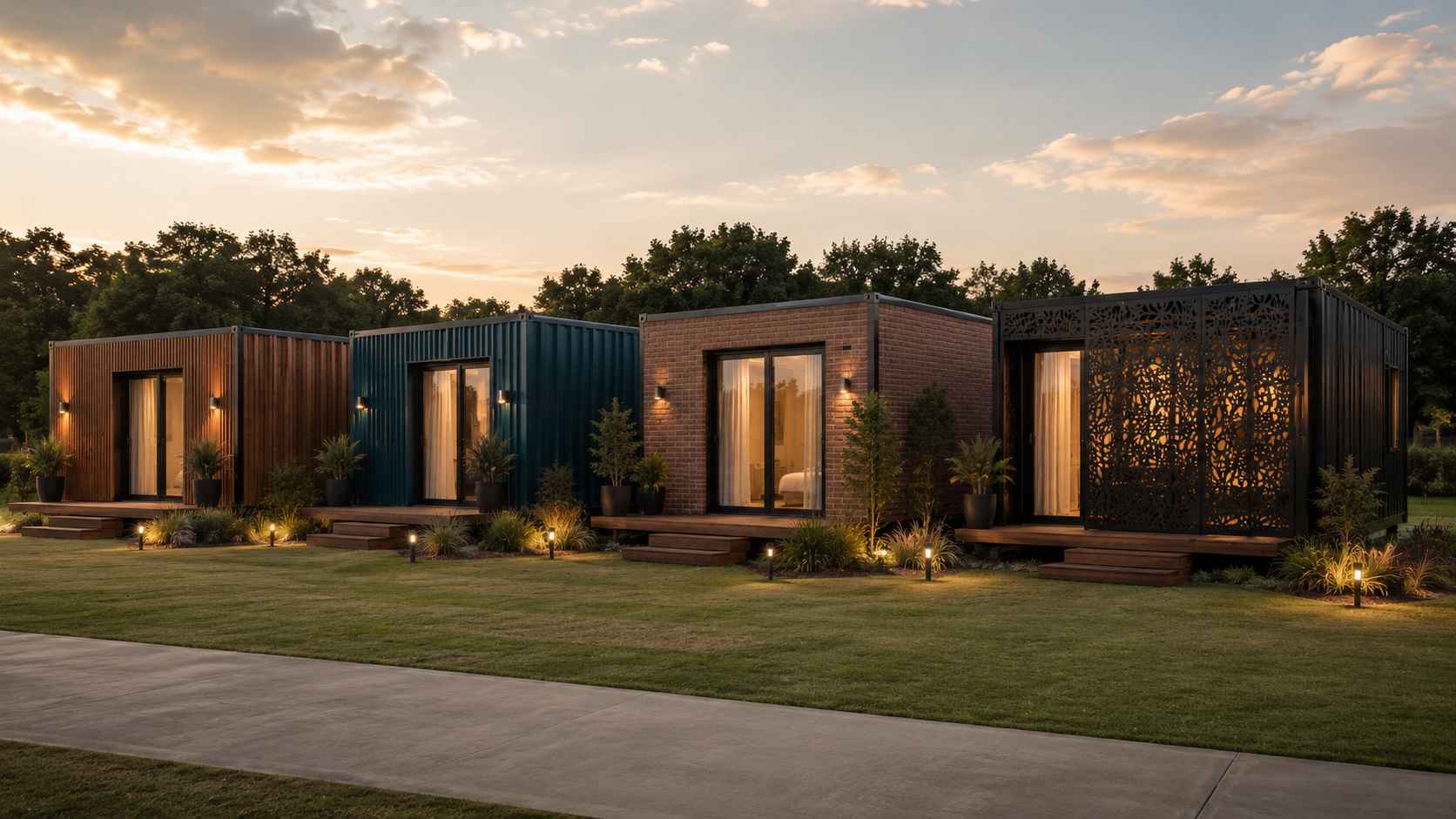 Four boutique container hotel cottages side-by-side showing the four soft-finish exteriors — wood-batten, painted GI, brick veneer, and perforated metal screen