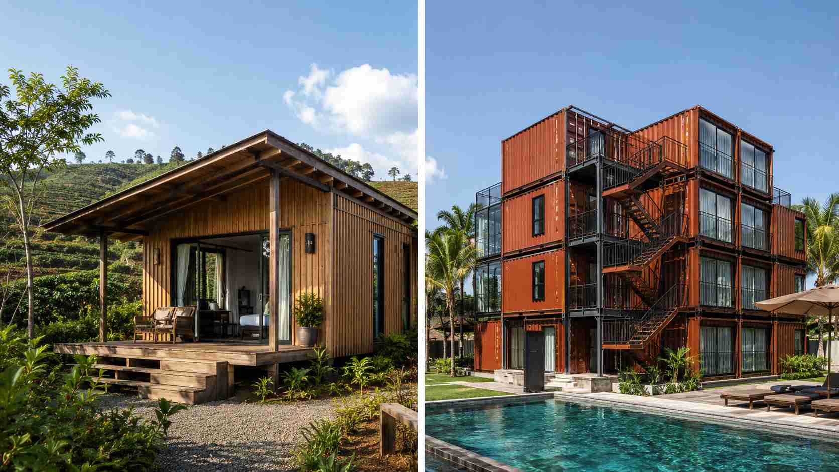 Side-by-side comparison: single-storey boutique container hotel cottage with wood-batten cladding on the left vs three-storey stacked shipping container hotel with corten exterior on the right