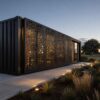Boutique container hotel side view with perforated metal screen facade and full-height glazing behind, golden-hour landscape