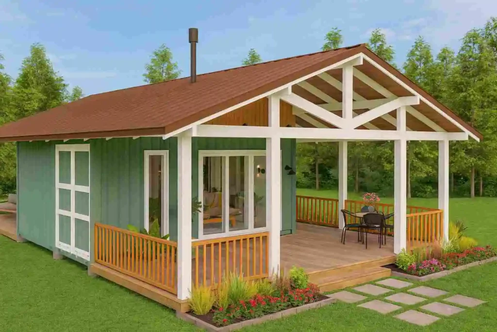 Beachfront container house with glass sliding doors, wooden deck, and chairs facing sea view.