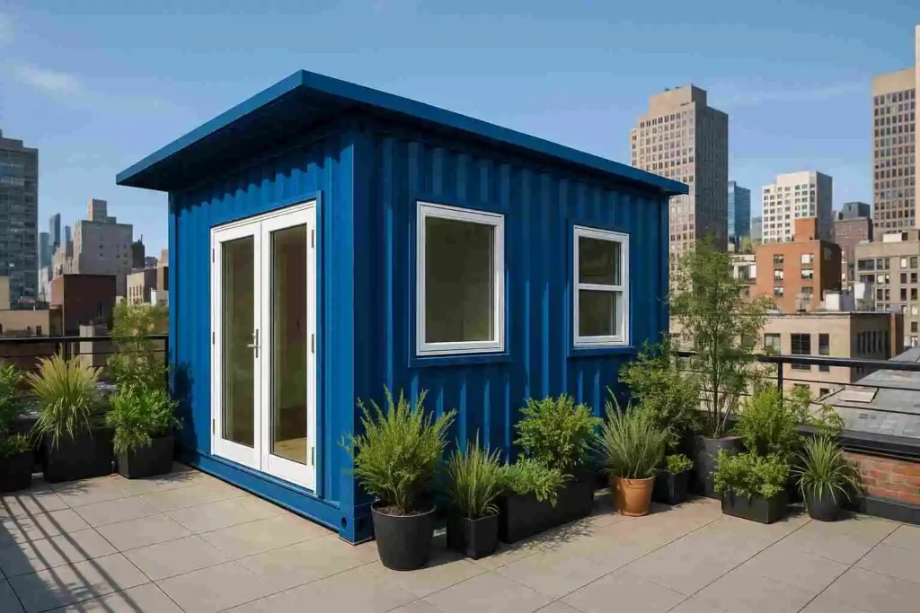 Container house bedroom interior with wooden walls, bed, side lamps, and glass balcony door.