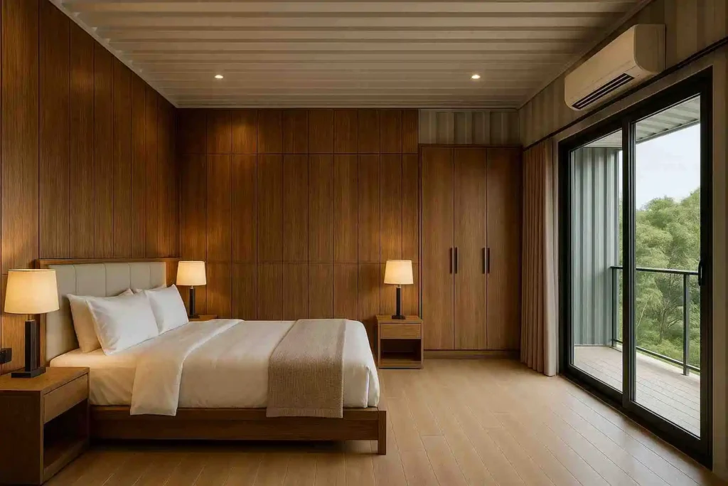 Green container house with red sloped roof, front wooden porch, and outdoor seating in landscaped garden.