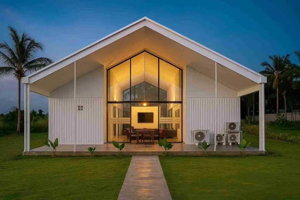Three-story luxury container house with wooden panel finish, glass balconies, and palm tree surroundings.