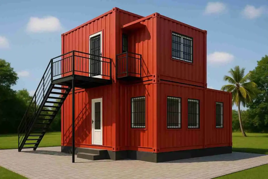 Container house living room interior with L-shaped sofa, wooden walls, and glass sliding doors.