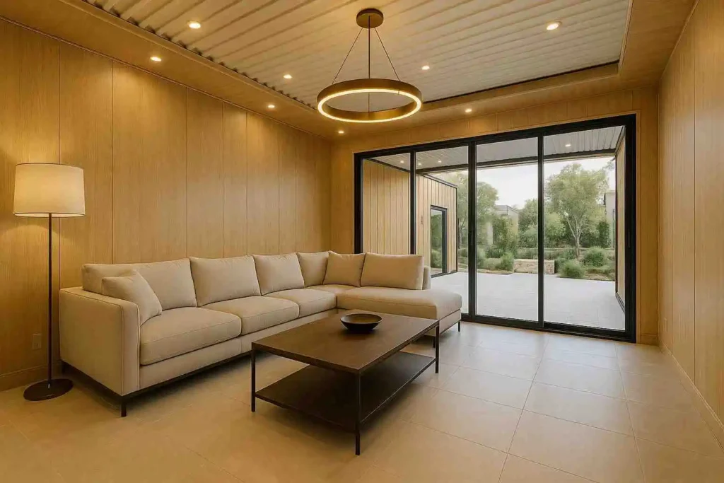 Modern white container villa with pitched roof, full glass entrance, and outdoor landscaping.