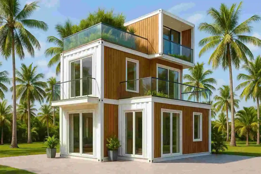 Red two-floor container house with grilled windows, black staircase, and modern modular design.