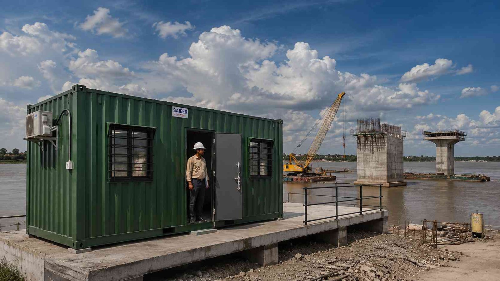 Container office cabin at a river bridge dam construction project in India with water and piers visible