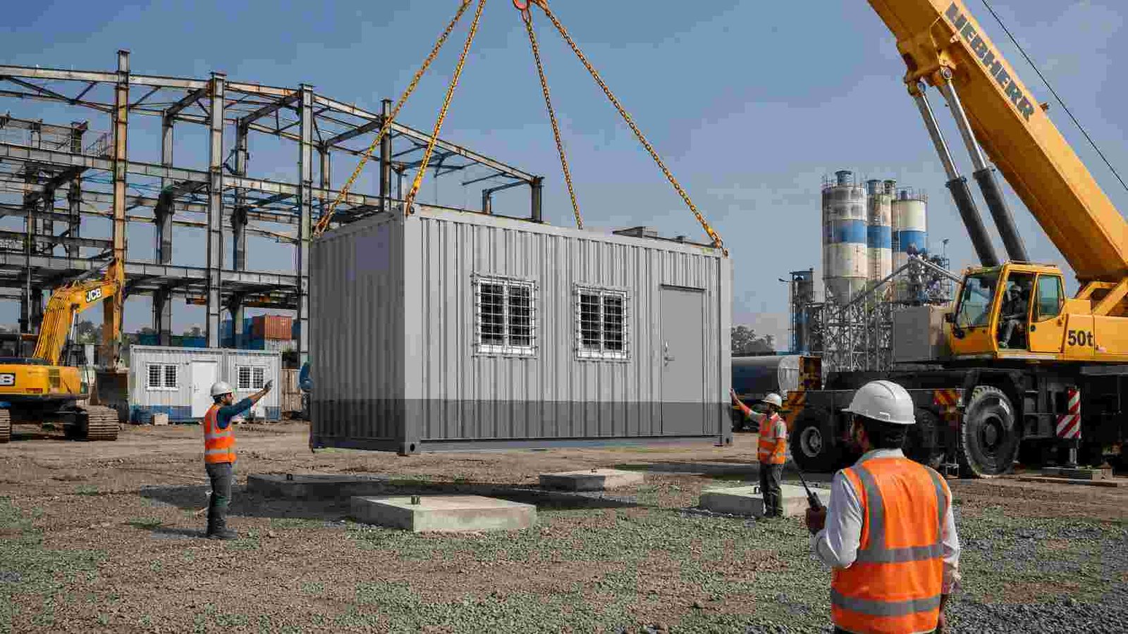 Container site office being crane-placed at an industrial infrastructure project with engineers supervising