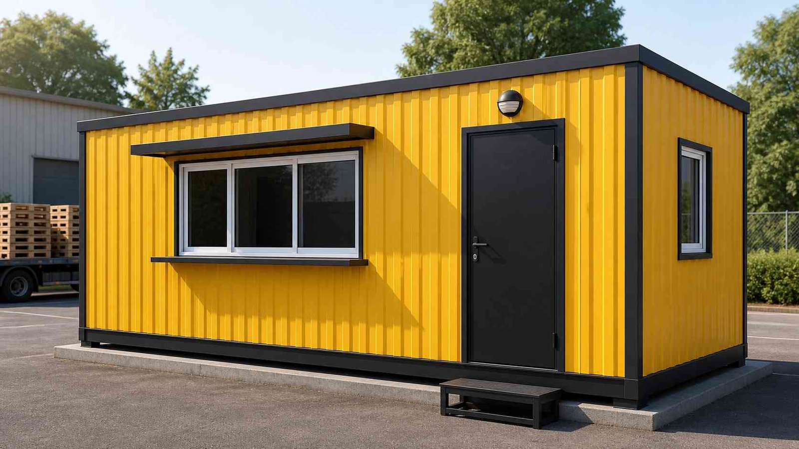 Container portable cabin in yellow with service window and canopy in industrial logistics yard — relocatable site unit