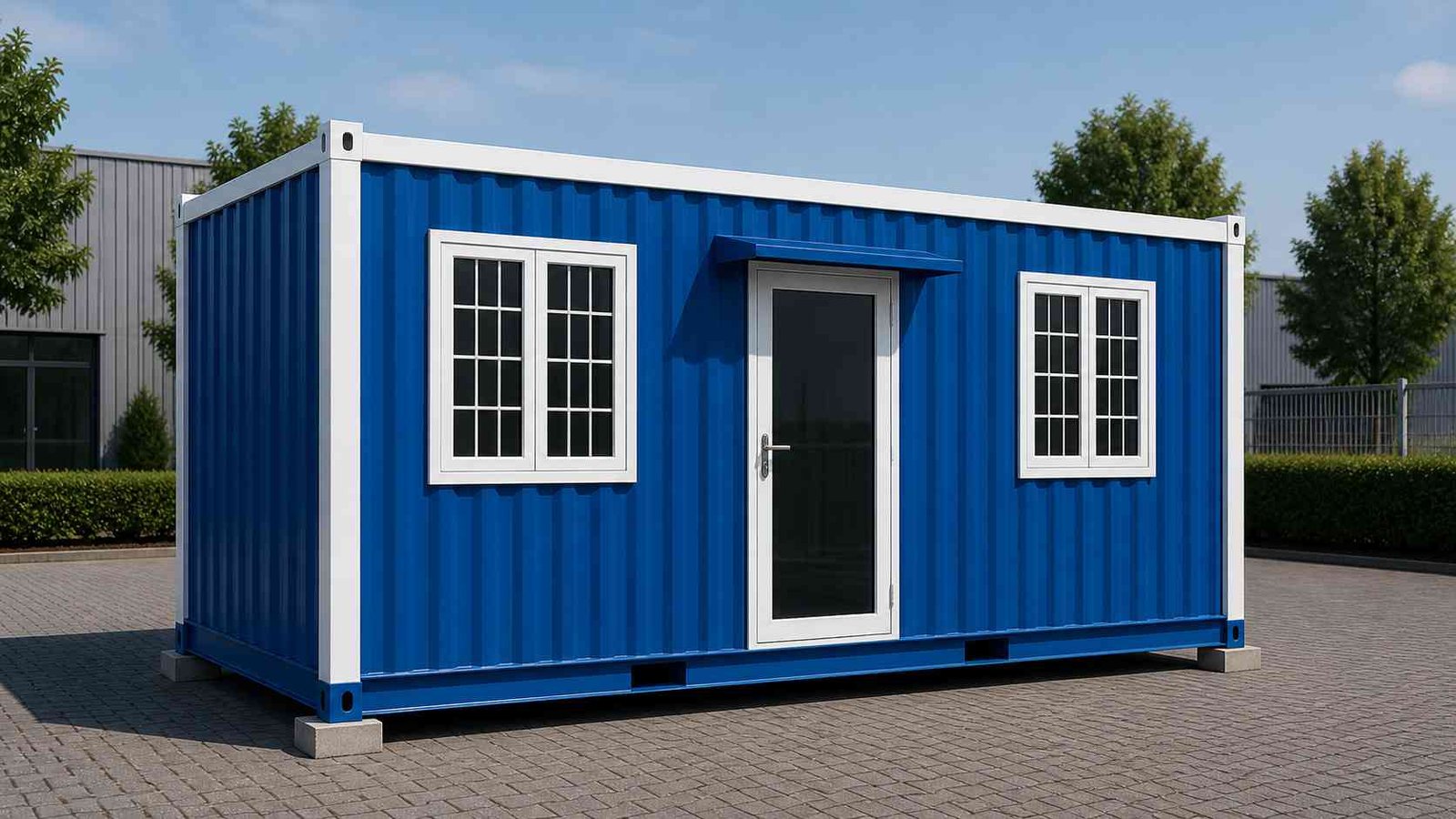 Blue container portable cabin with ISO-grade corner castings on paved industrial yard — SAMAN Portable Bangalore