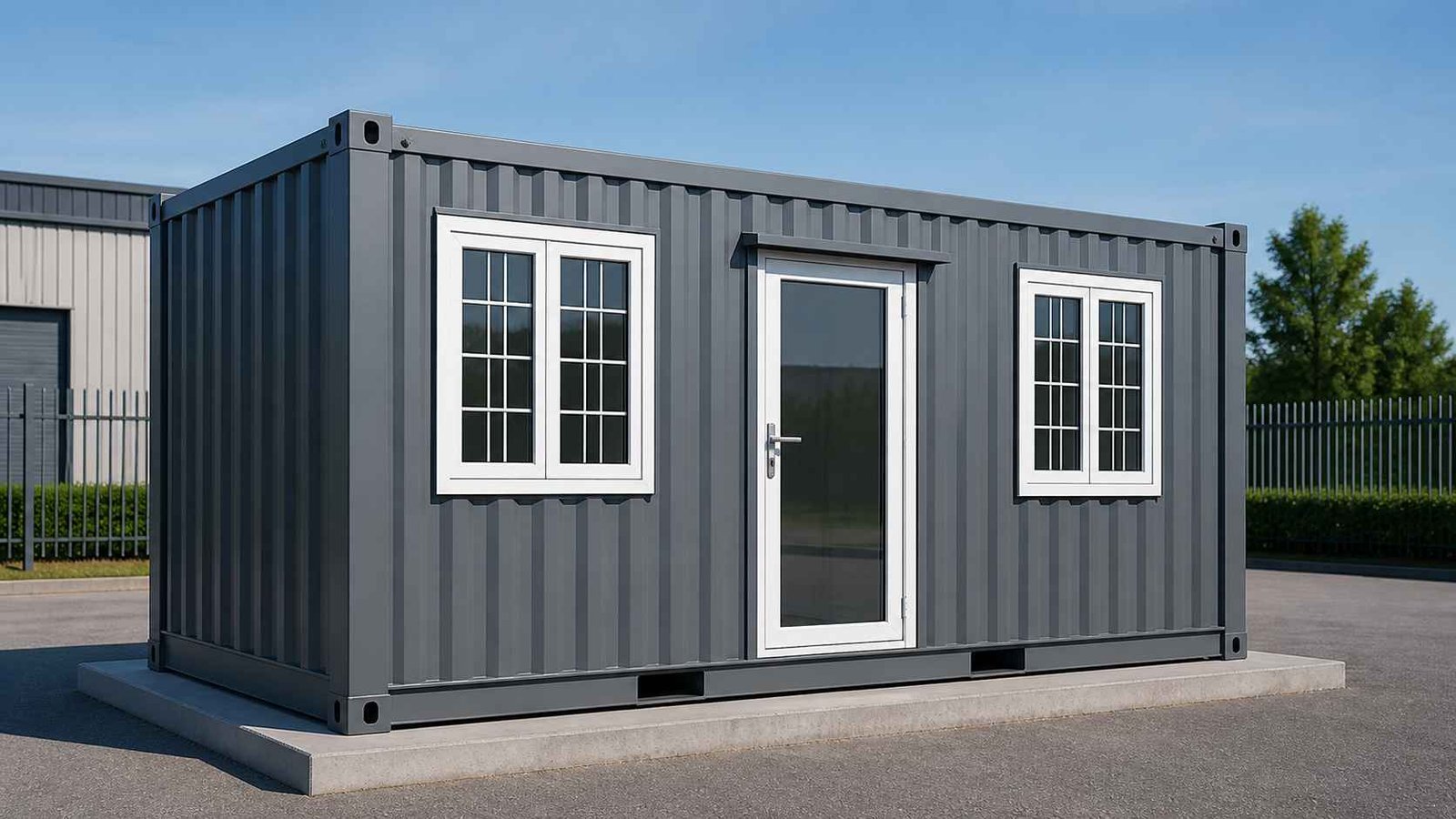 Container portable cabin with ISO corner castings and corrugated steel walls in industrial yard — SAMAN Portable