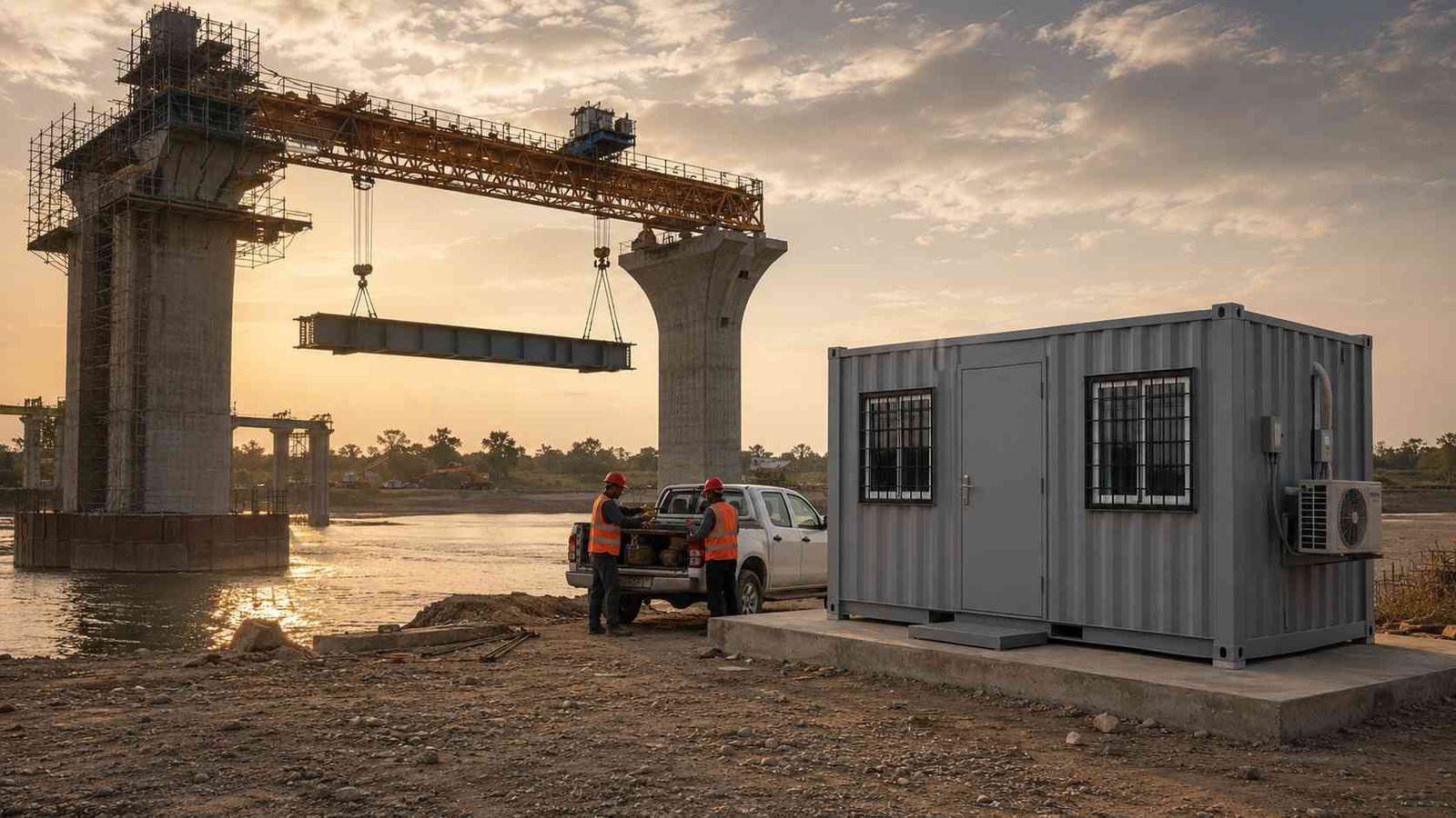 A SAMAN container portable office on the bank of an Indian bridge construction site with engineers preparing for redeployment as a gantry crane lifts a girder