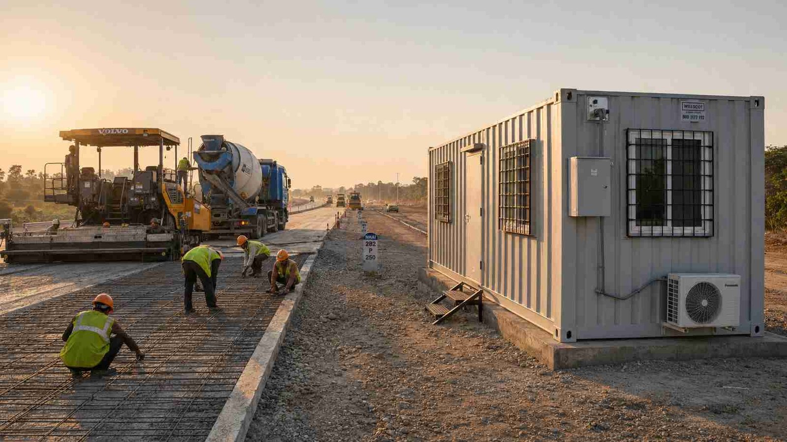 A SAMAN container portable office at an active Indian highway construction site with workers placing rebar and a paver in the background