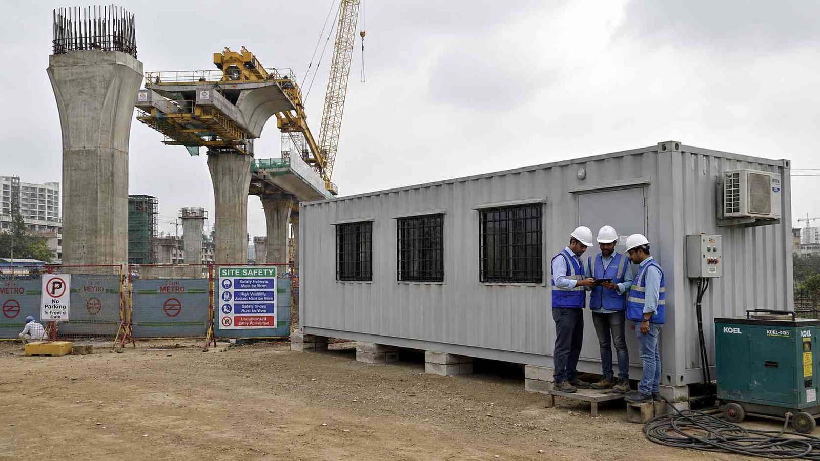 A SAMAN container portable office at an Indian metro rail construction site with engineers at the door and metro pier columns under construction
