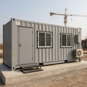 New 20-foot SAMAN container portable office on RCC platform at an Indian construction site with steel door, MS-grill windows, side AC unit, and electrical distribution box