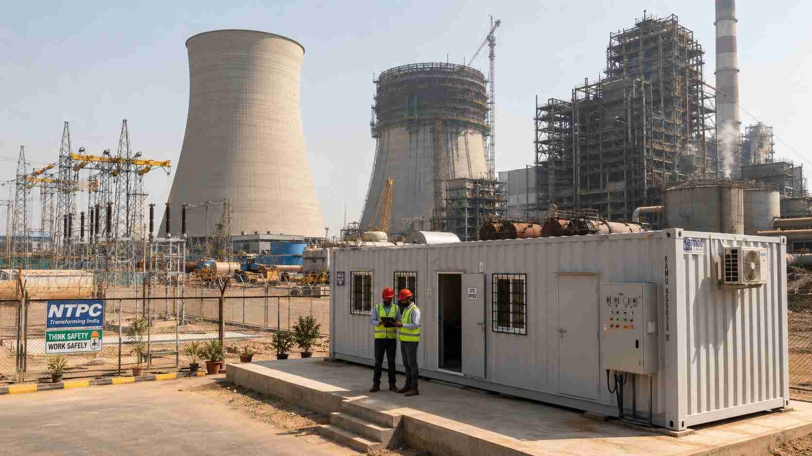 A SAMAN container portable office at an Indian thermal power plant construction site with cooling towers, boiler structure, and switchyard visible