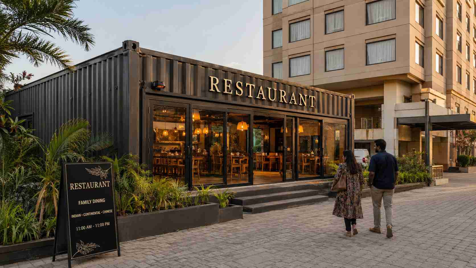 40-ft container restaurant deployed as hotel F&B annexe in India — charcoal exterior, glass front, restaurant signage, hotel in backdrop