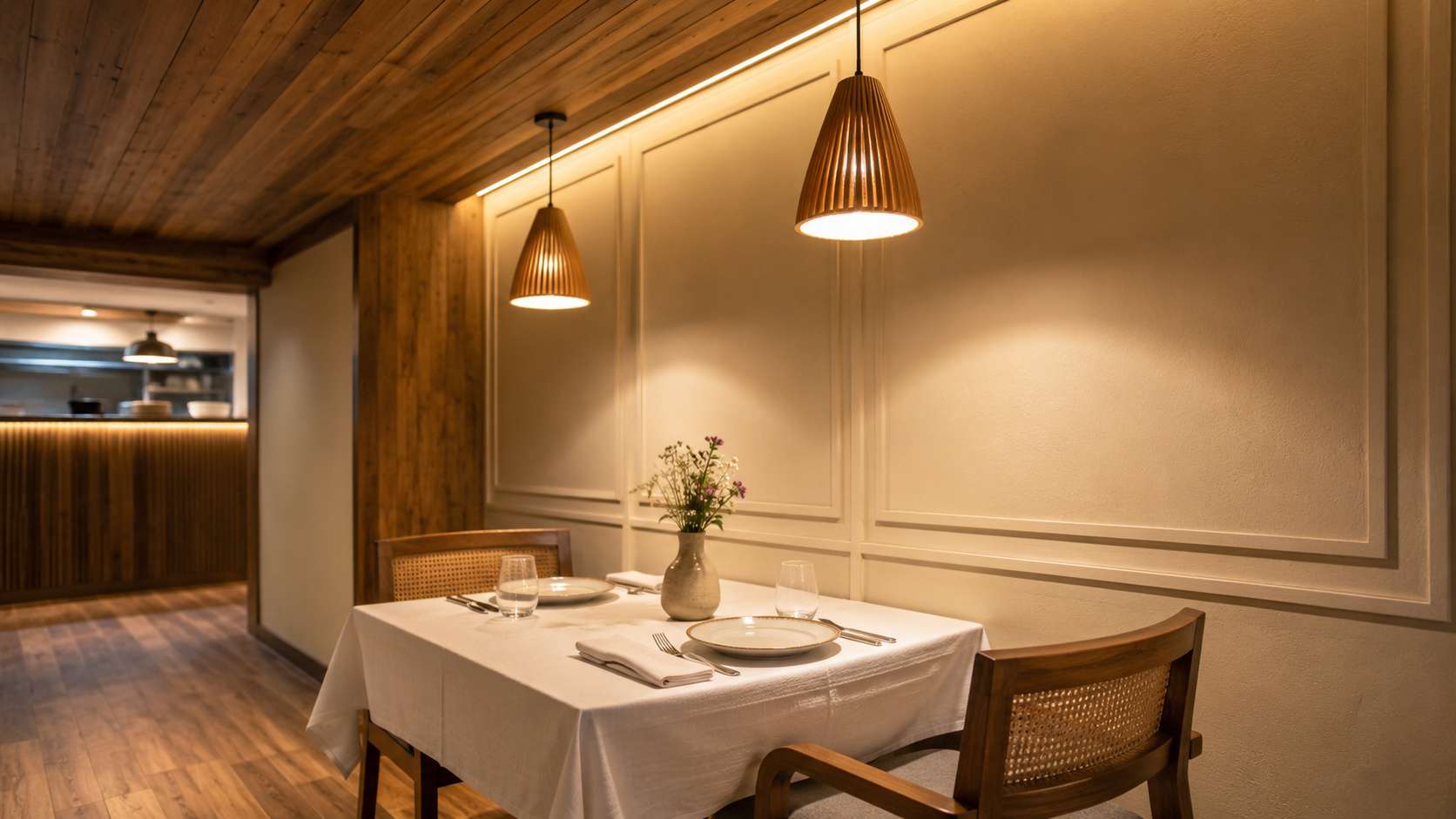 Restaurant-grade interior finishes in a SAMAN container restaurant — wood-clad ceiling, warm pendant lighting, set dining table