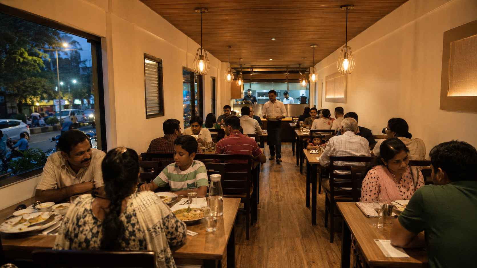 40-ft container restaurant in evening service — Indian diners at wooden tables, waiter at service pass, pendant lighting overhead