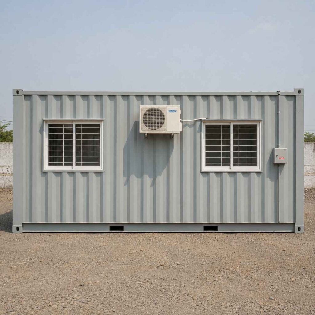 Container site office in three-quarter front view with main door and electrical box visible.