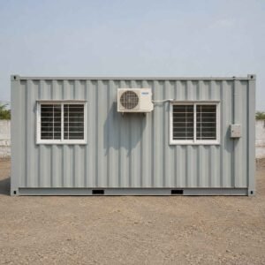 Container site office in three-quarter front view with main door and electrical box visible.