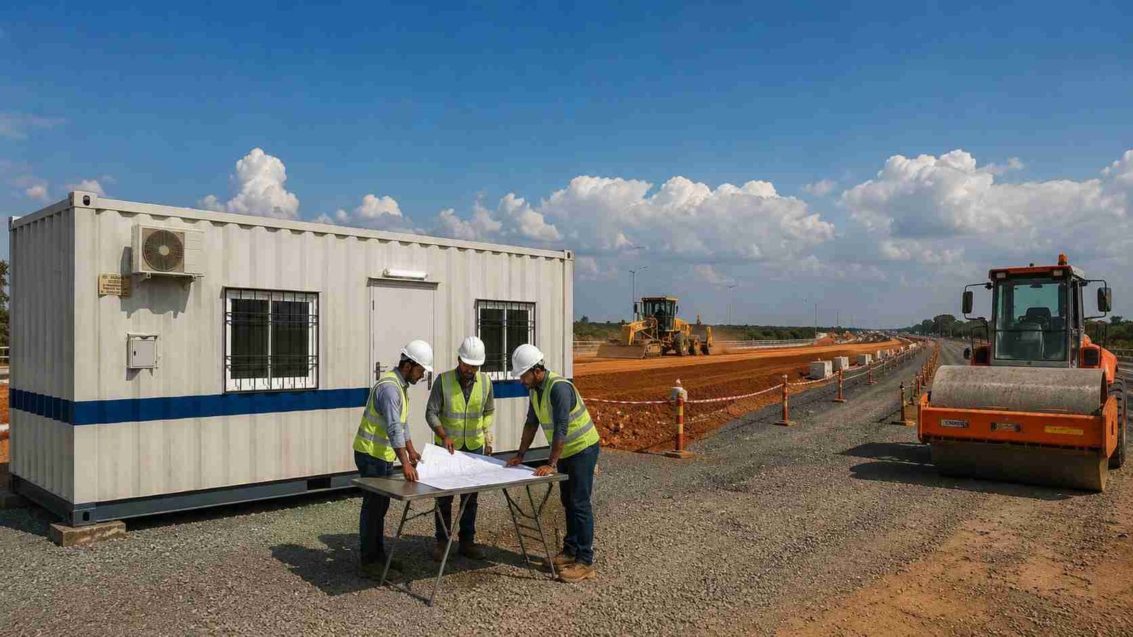 ontainer site office deployed at a national highway construction project in India with engineers and equipment