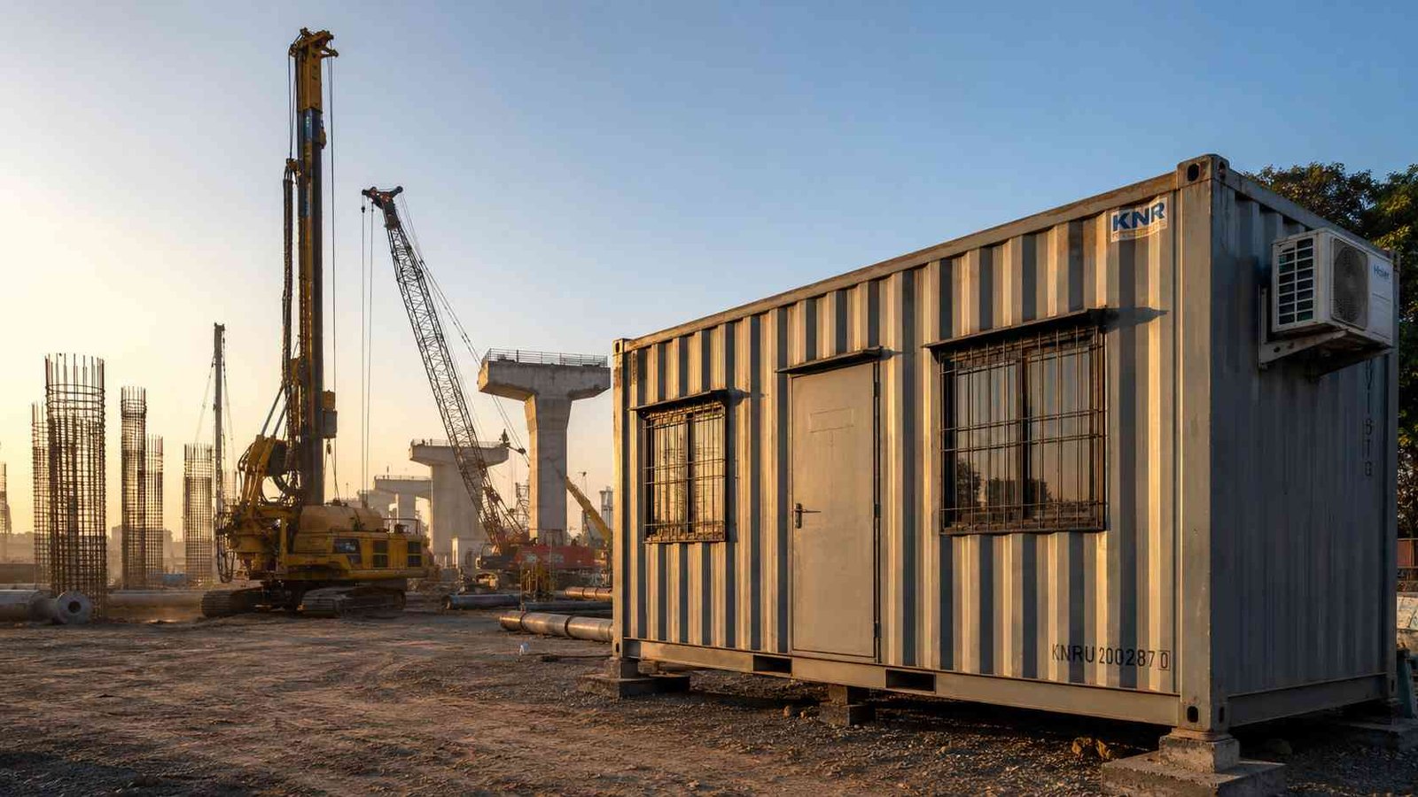 Container site office near a metro rail construction zone with active pile-driving in the background.