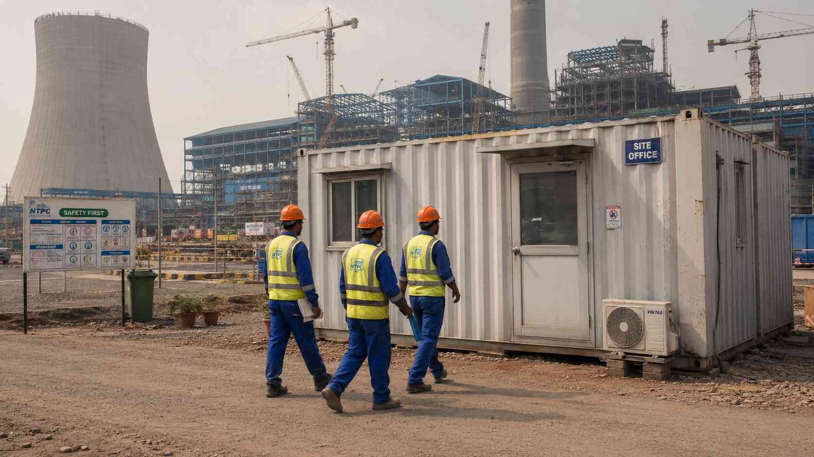 Container site office at a thermal power plant project with visitors approaching during handover phase.