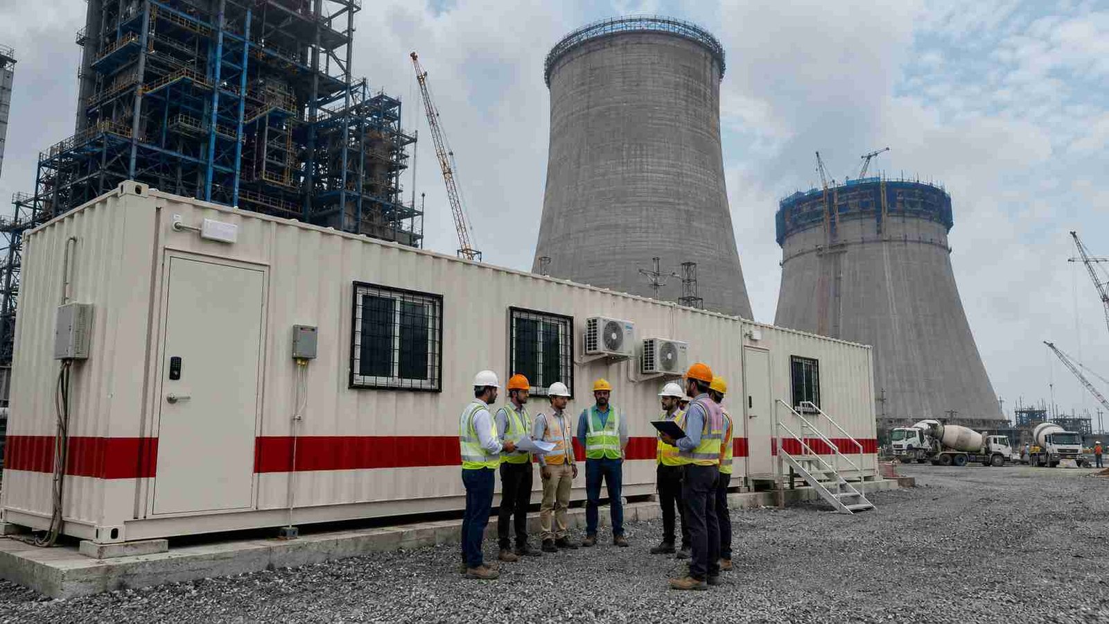 Container site office at a thermal power plant construction project with cooling towers and turbine hall in background