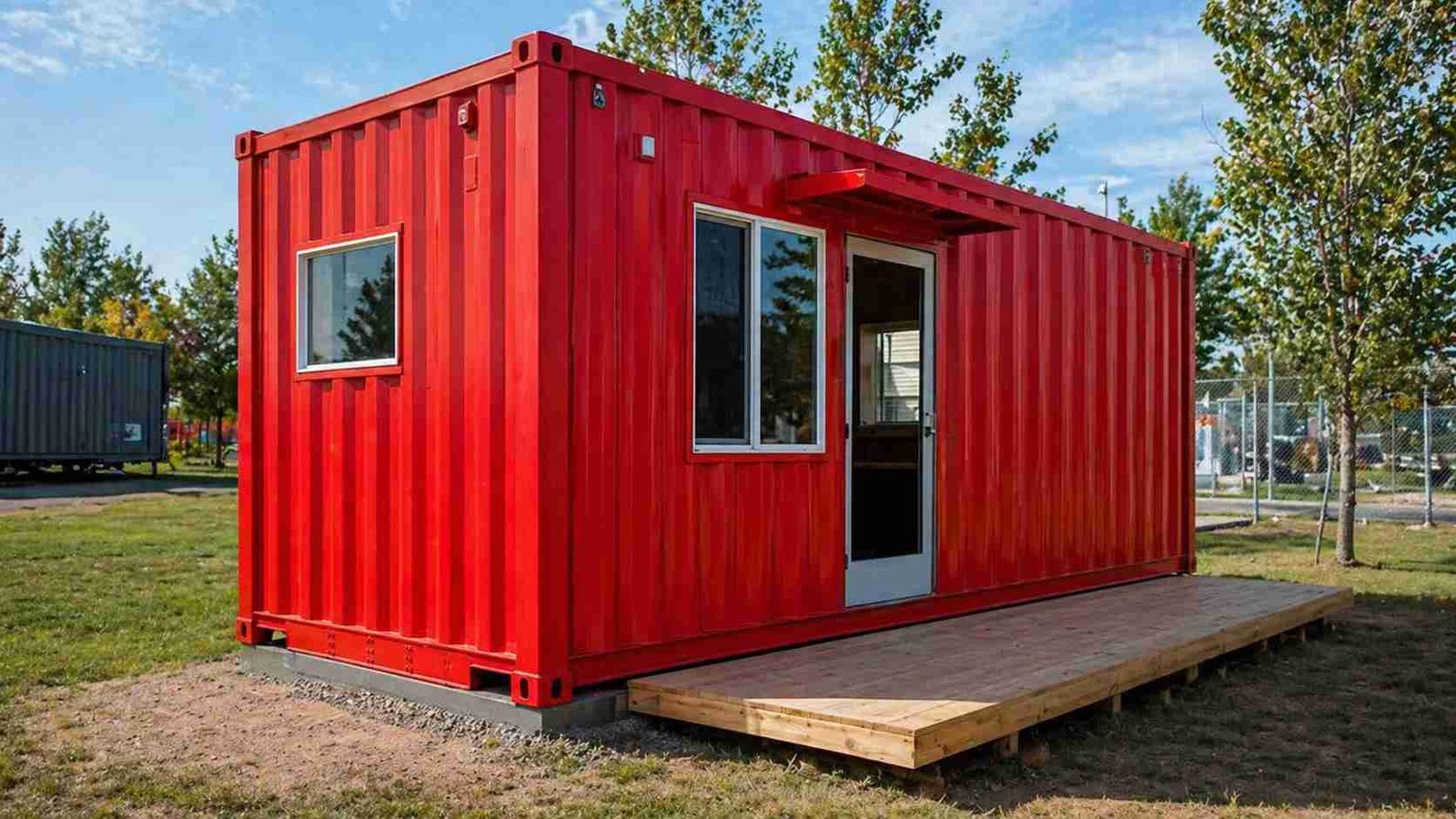Red portable cabin with door and window standard prefab unit