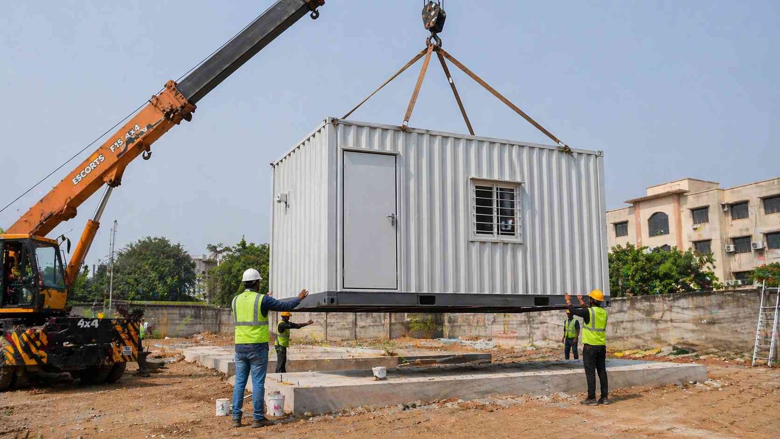 Portable cabin being installed by crane at South India location by SAMAN team